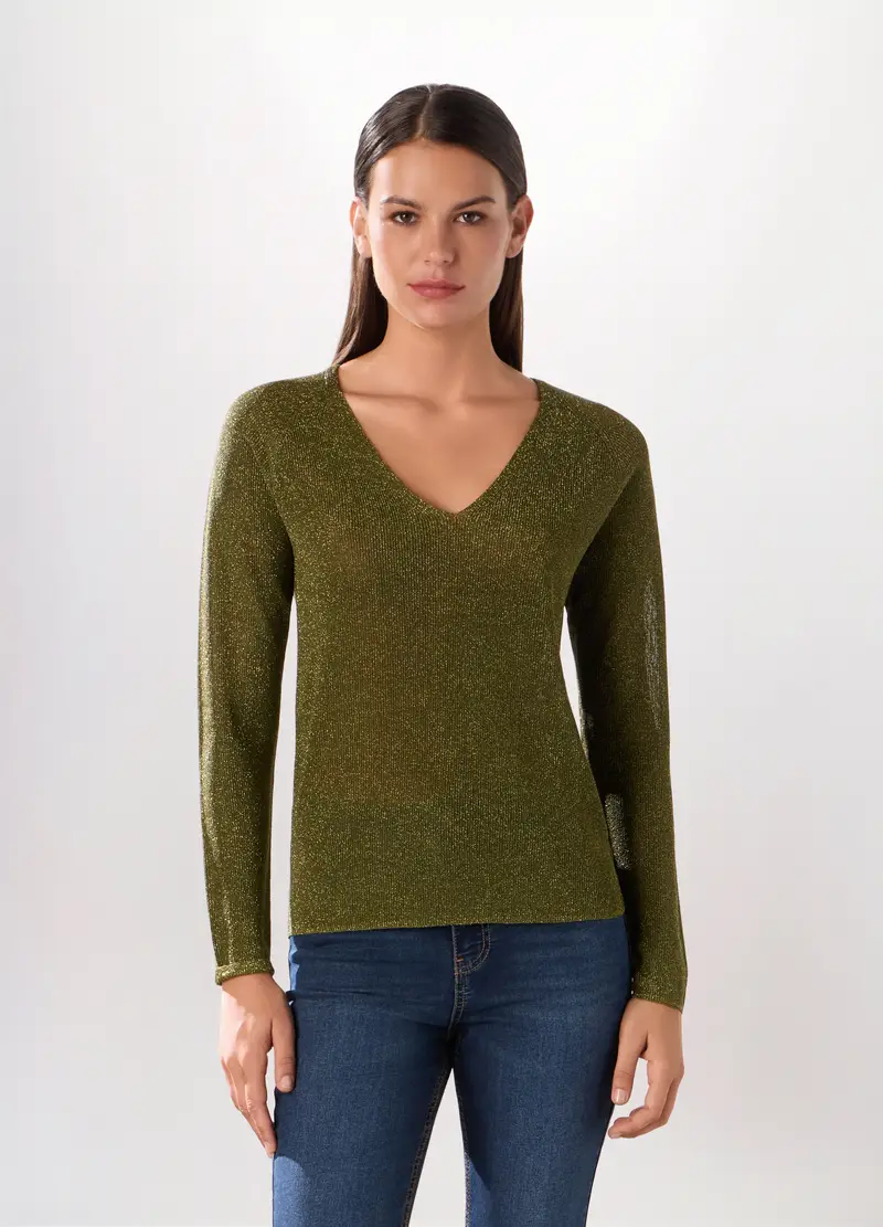 Pullover Con Scollo A V Donna, Verde scuro