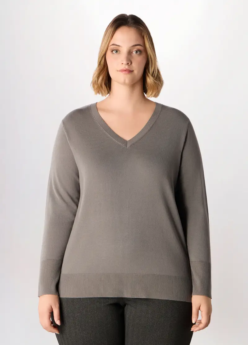Pullover Con Scollo A V Rasato Donna Curvy, Grigio chiaro