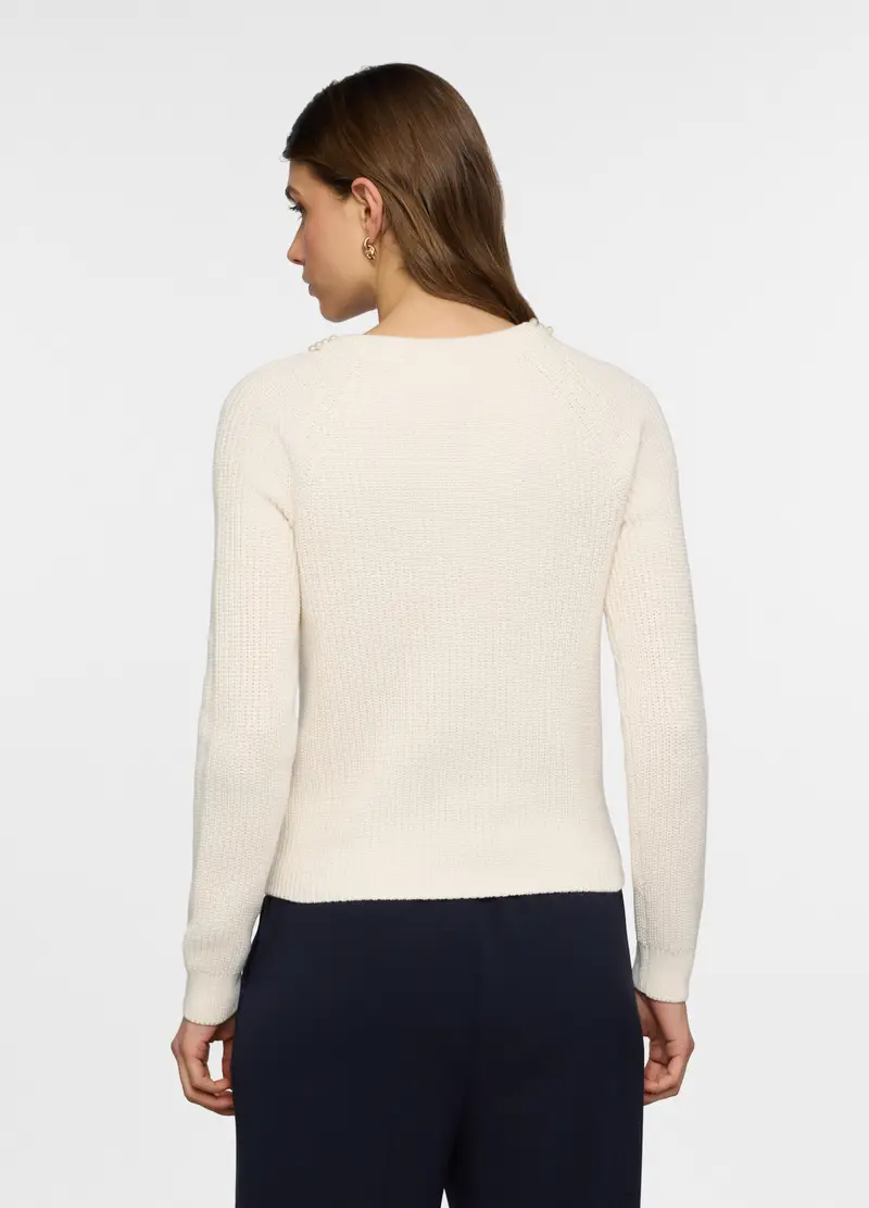 Pullover Girocollo In Costina Donna, Bianco panna miniatura 2