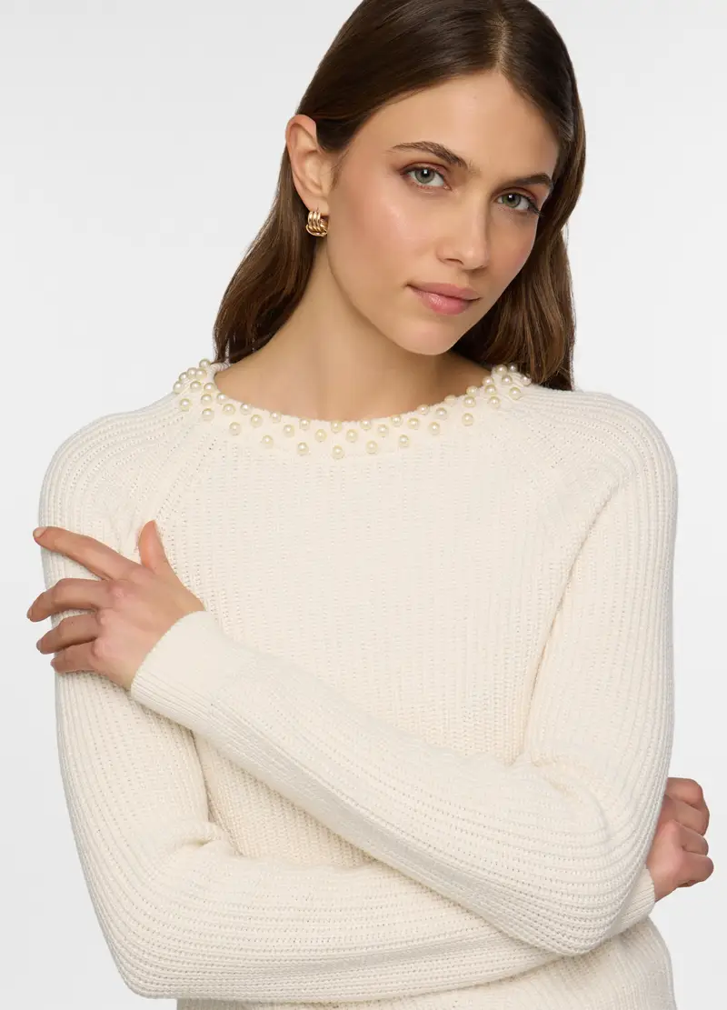 Pullover Girocollo In Costina Donna, Bianco panna miniatura 3