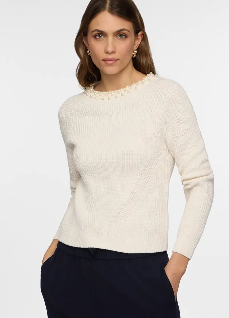 Pullover Girocollo In Costina Donna, Bianco panna