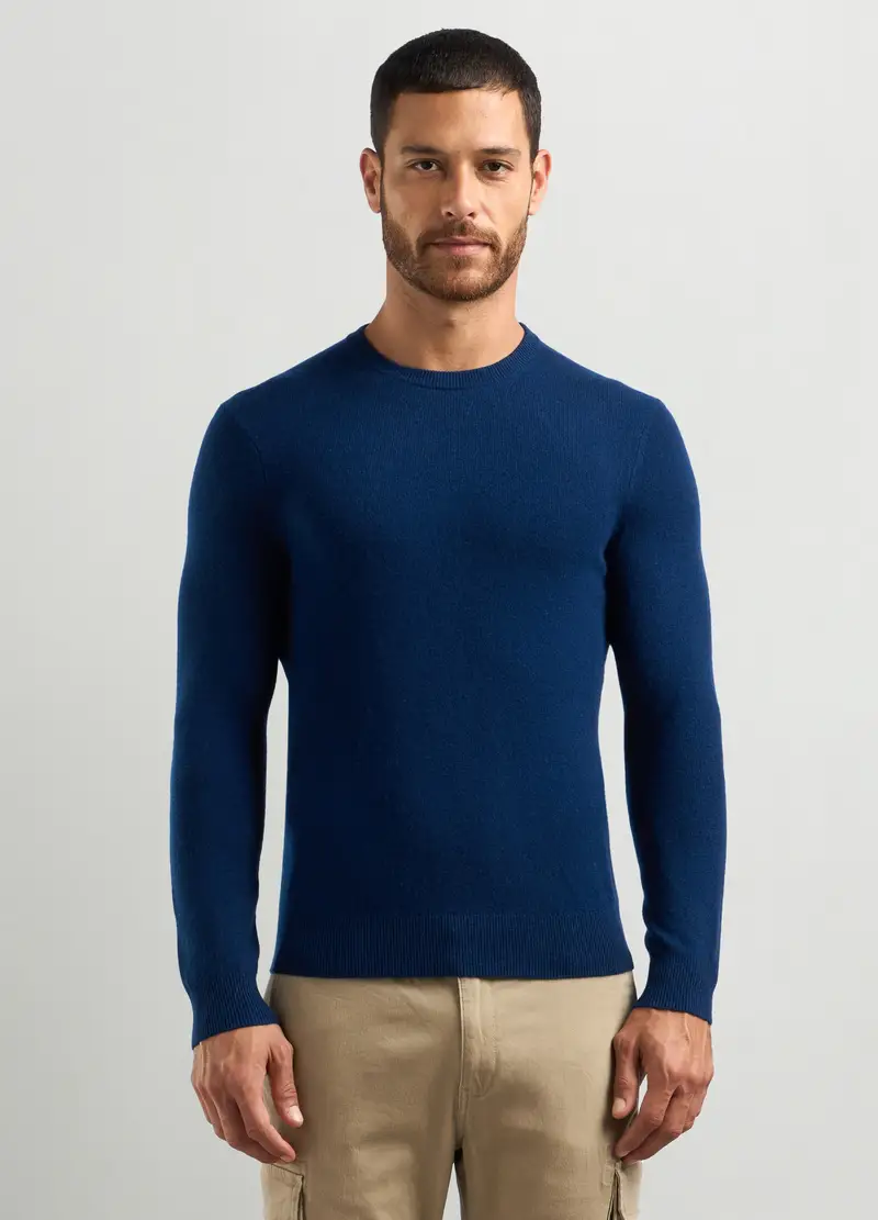 Pullover Girocollo In Puro Cashmere Uomo, Blu indigo