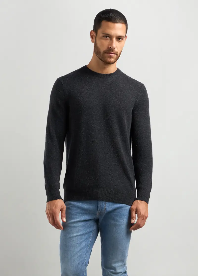 Pullover Girocollo In Puro Cashmere Uomo, Grigio scuro