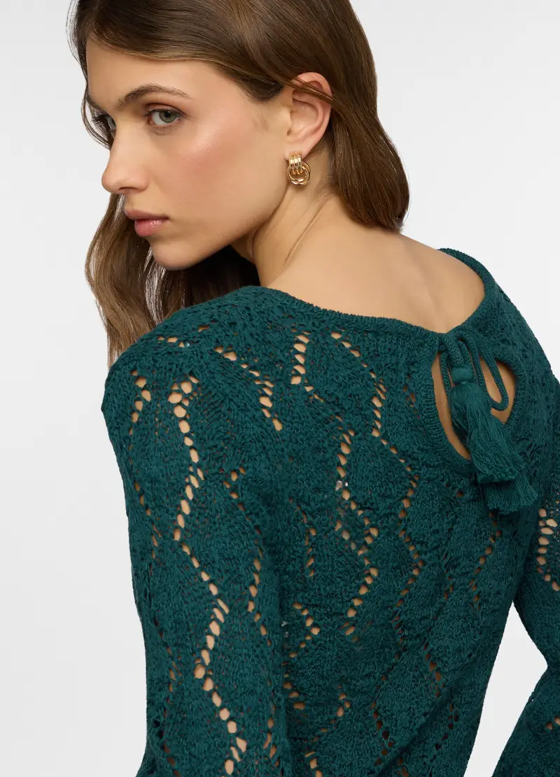 Pullover Girocollo Operato Donna, Verde ottanio miniatura 3
