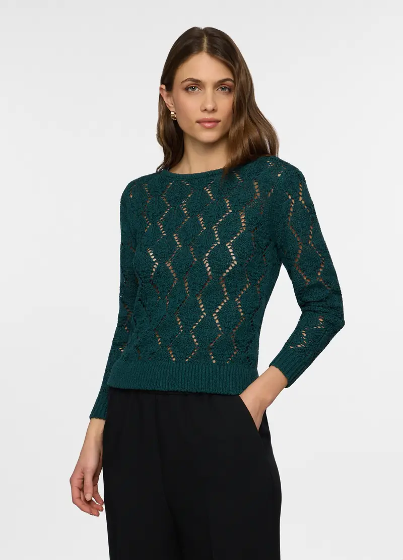 Pullover Girocollo Operato Donna, Verde ottanio