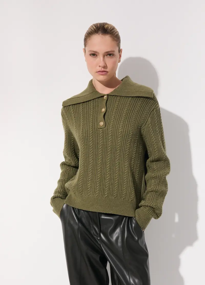 Pullover In Misto Lana Con Colletto Donna, Unisex, Verde oliva miniatura 2