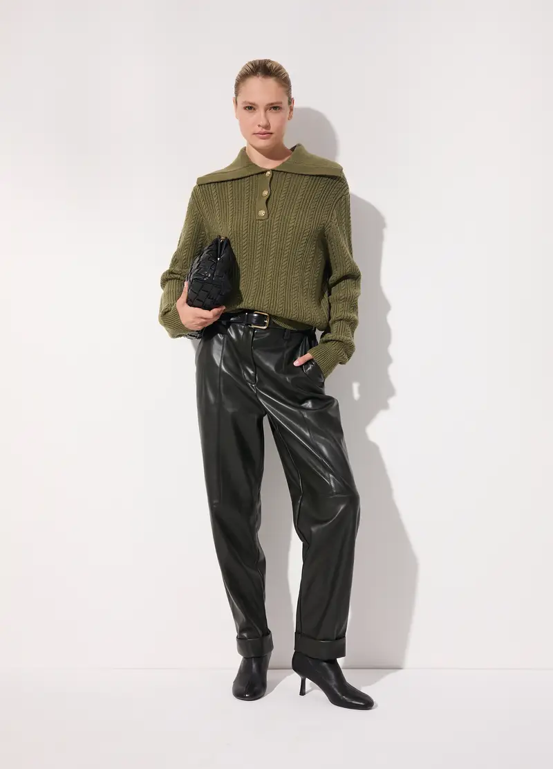 Pullover In Misto Lana Con Colletto Donna, Unisex, Verde oliva