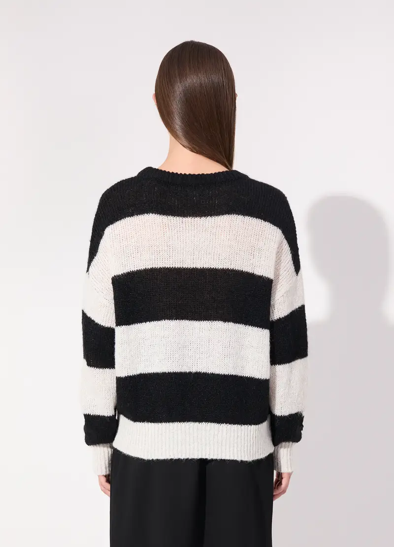 Pullover In Misto Lana E Filo Lurex A Righe Donna, Unisex, Bianco/Nero miniatura 3