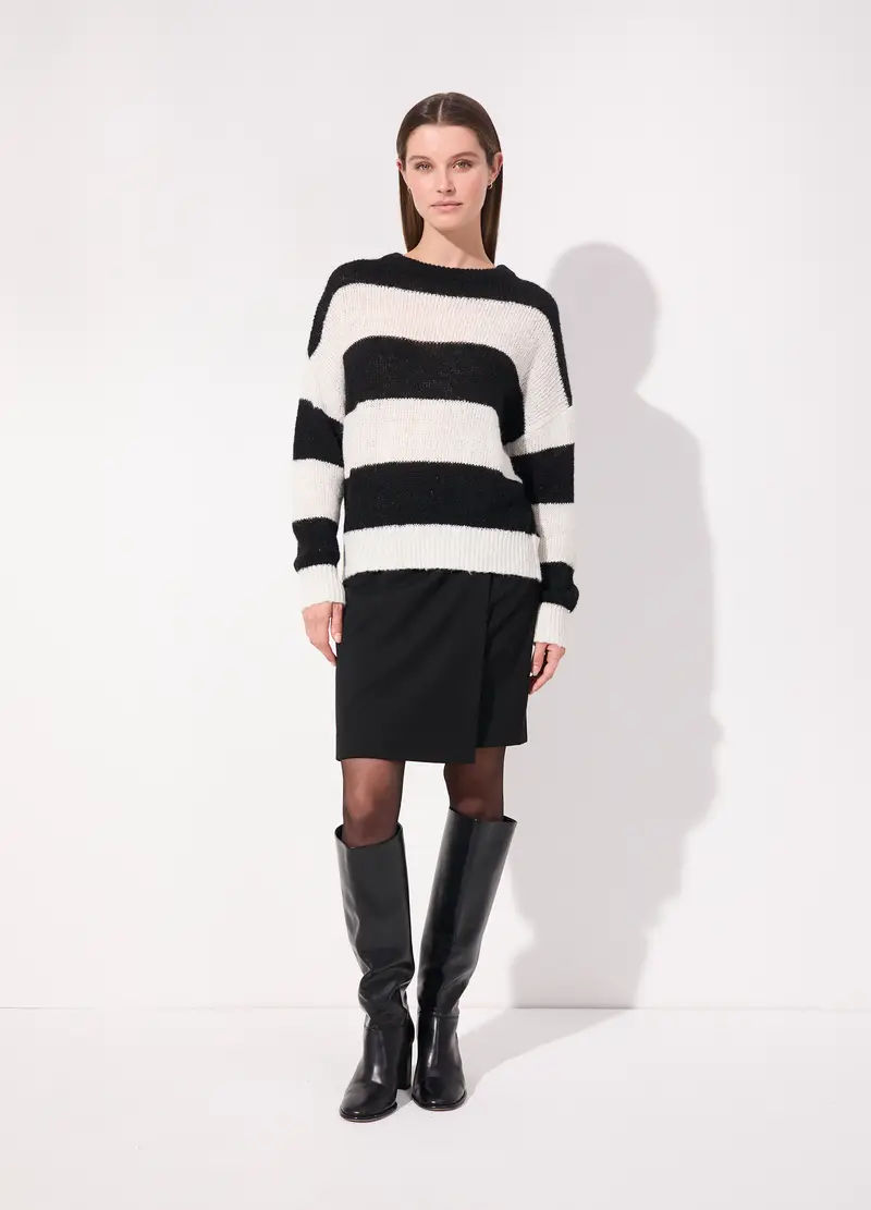 Pullover In Misto Lana E Filo Lurex A Righe Donna, Unisex, Bianco/Nero