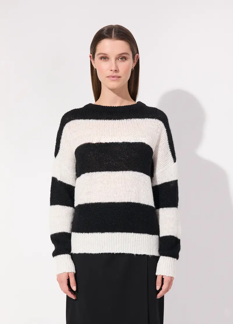 Pullover In Misto Lana E Filo Lurex A Righe Donna, Unisex, Bianco/Nero miniatura 2
