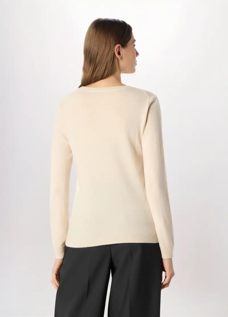 Pullover In Puro Cashmere Donna, Bianco panna miniatura 2