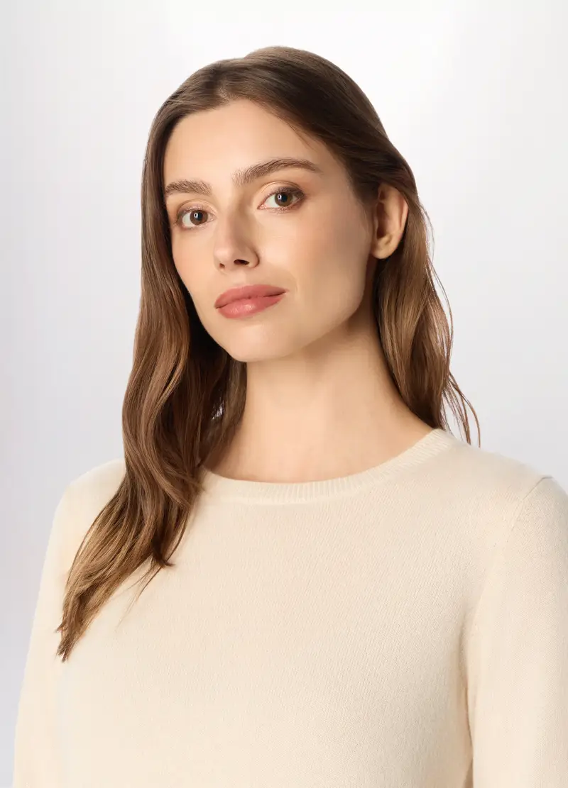 Pullover In Puro Cashmere Donna, Bianco panna miniatura 3