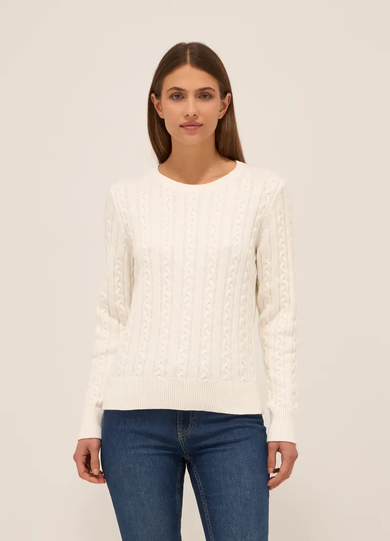 Pullover In Puro Cotone Donna, Bianco gesso