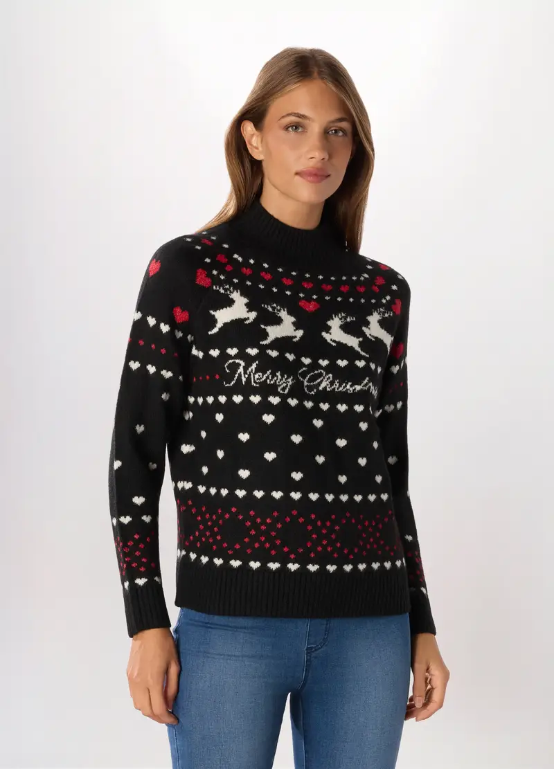 Pullover Jacquard Donna, Nero/Bianco