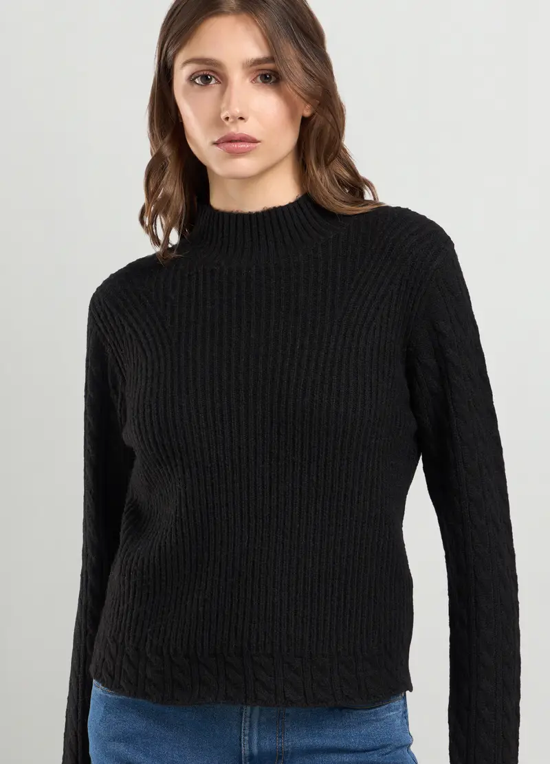 Pullover Misto Lana A Collo Alto Donna, Nero miniatura 3