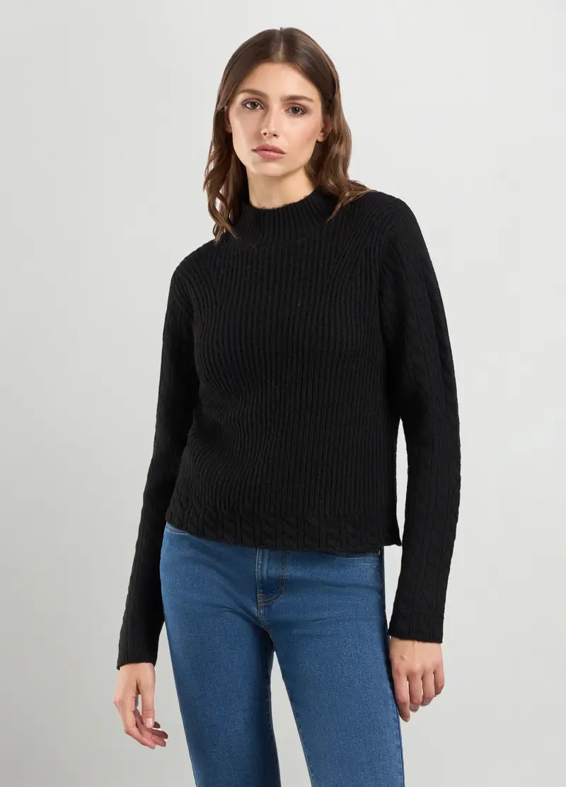 Pullover Misto Lana A Collo Alto Donna, Nero