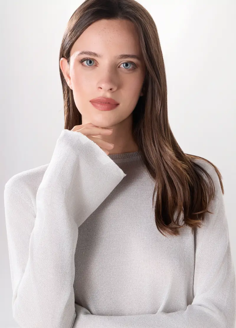 Pullover Misto Viscosa Donna, Bianco gesso miniatura 3