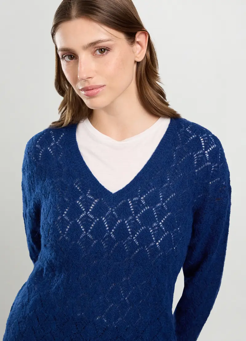 Pullover Traforato Misto Lana Di Alpaca Donna, Blu navy miniatura 3