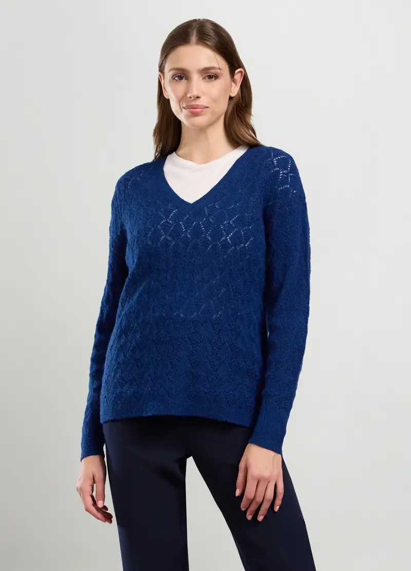 Pullover Traforato Misto Lana Di Alpaca Donna, Blu navy