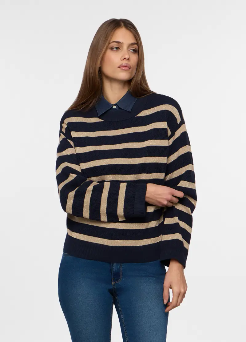 Pullover Tricot A Righe Donna, Blu navy