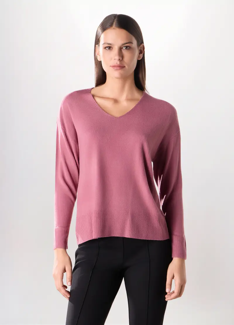 Pullover Tricot Con Scollo A V Donna, Rosa scuro