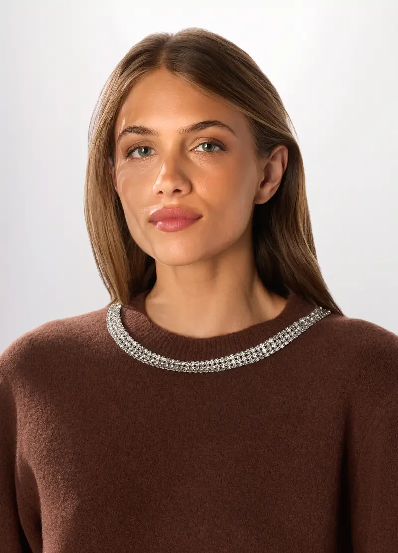 Pullover Tricot Misto Lana Con Strass Donna, Marrone cioccolato miniatura 3