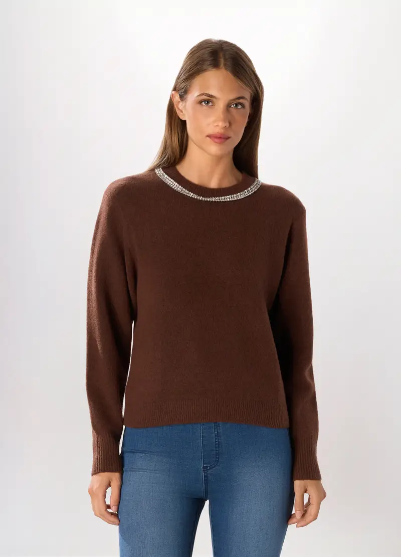 Pullover Tricot Misto Lana Con Strass Donna, Marrone cioccolato