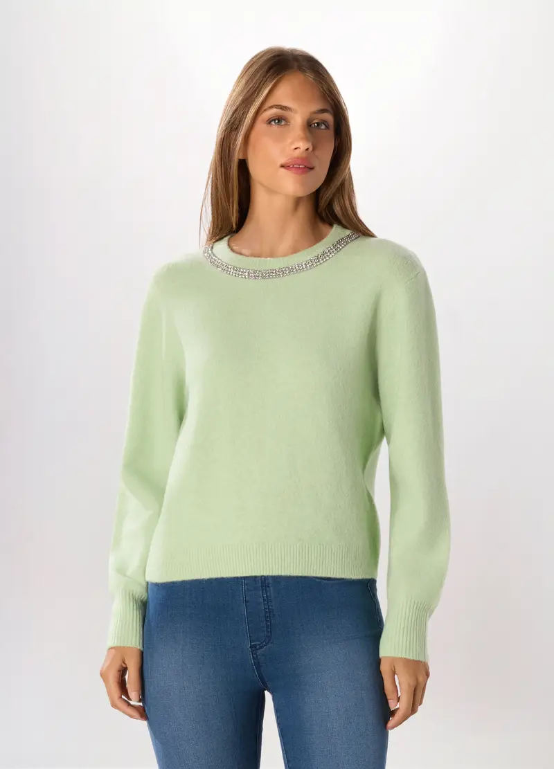 Pullover Tricot Misto Lana Con Strass Donna, Verde chiaro