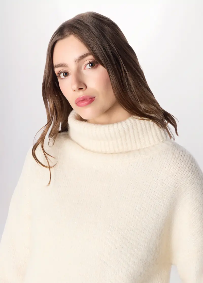 Pullover Tricot Misto Lana Donna, Bianco panna miniatura 3