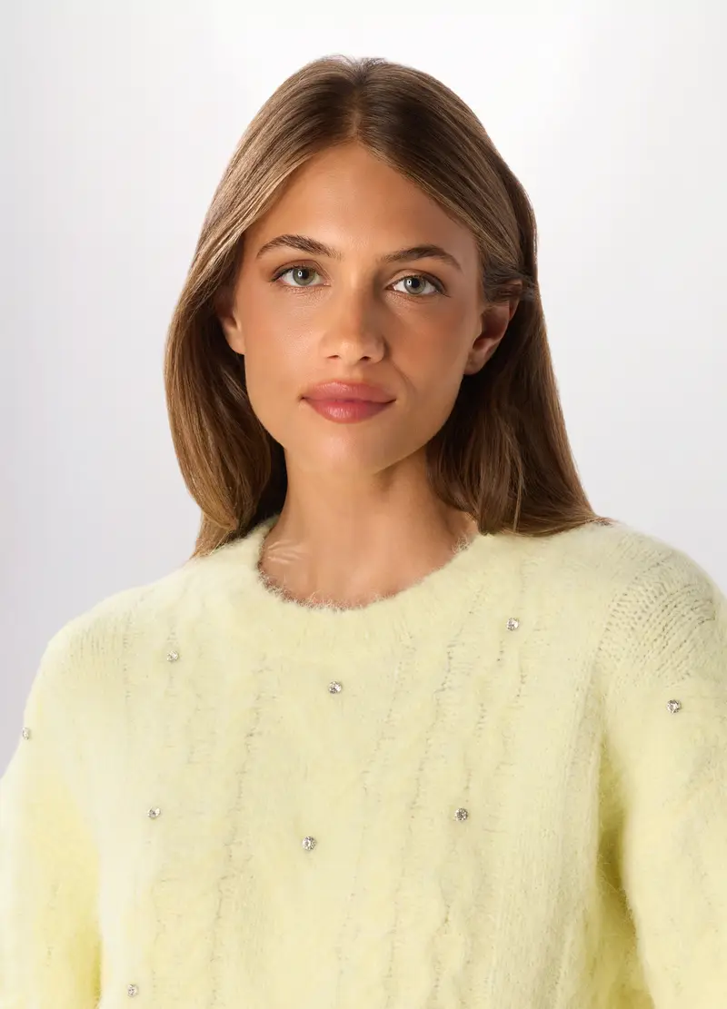 Pullover Tricot Misto Lana Donna, Giallo limone miniatura 3
