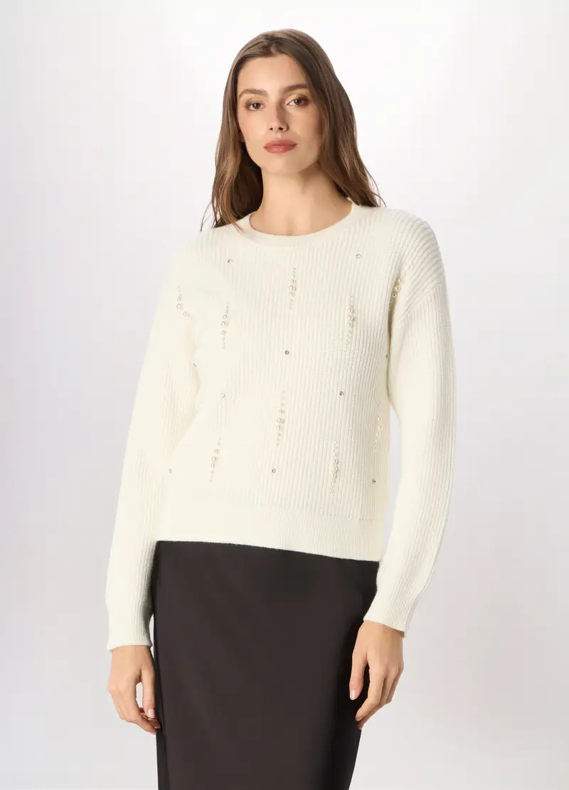 Pullover Tricot Misto Viscosa Donna, Bianco panna