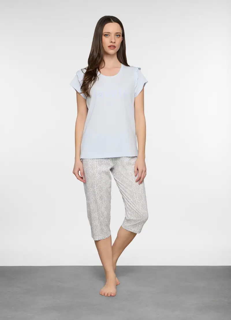 Set Pigiama Corto In Jersey Di Puro Cotone Donna, Azzurro chiaro