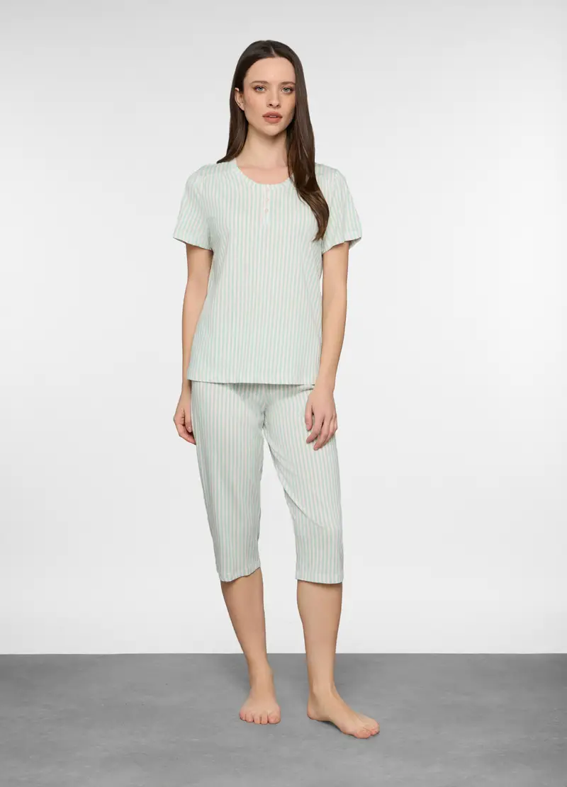 Set Pigiama Corto In Jersey Di Puro Cotone Donna, Verde acqua