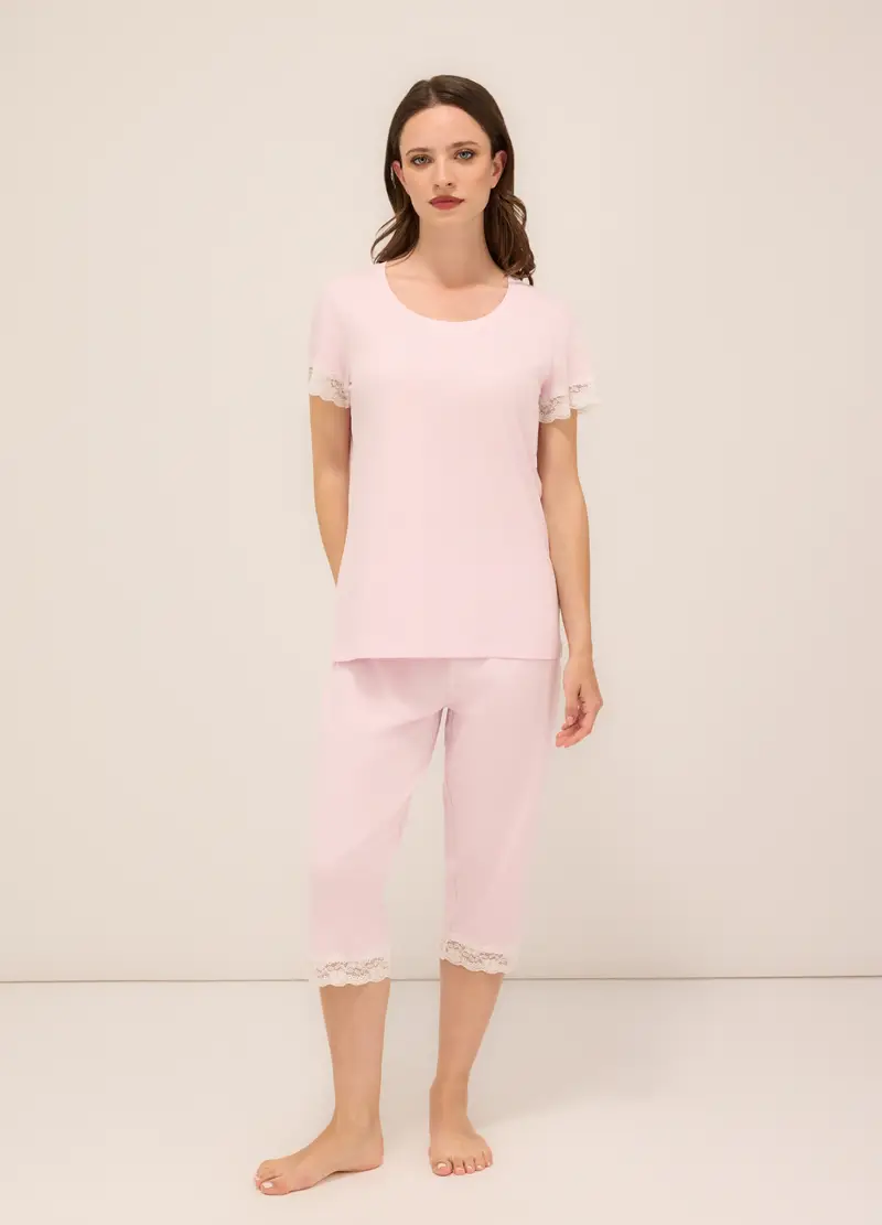 Set Pigiama Corto In Puro Cotone Donna, Rosa chiaro