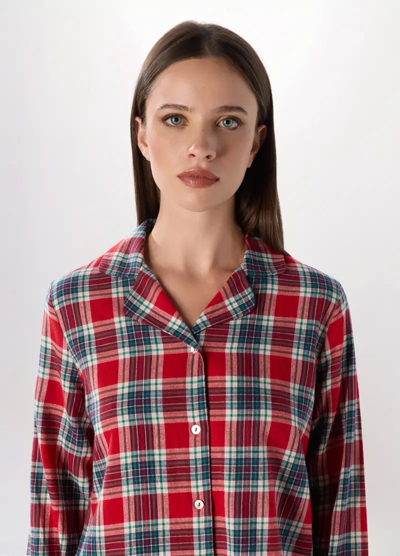 Set Pigiama In Flanella Di Puro Cotone Donna, Rosso aragosta miniatura 3