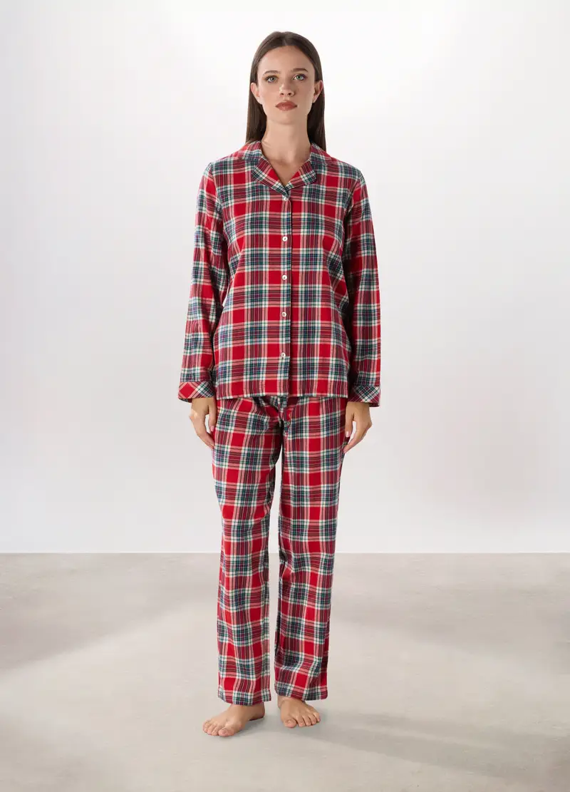 Set Pigiama In Flanella Di Puro Cotone Donna, Rosso aragosta