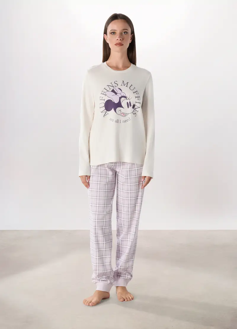 Set Pigiama In Interlock Di Puro Cotone Donna, Bianco/Viola