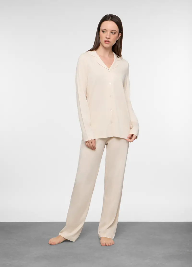 Set Pigiama In Jersey Di Misto Cotone Donna, Bianco panna