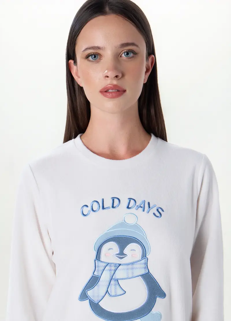 Set Pigiama In Pile Con Ricami Donna, Bianco/Azzurro miniatura 3