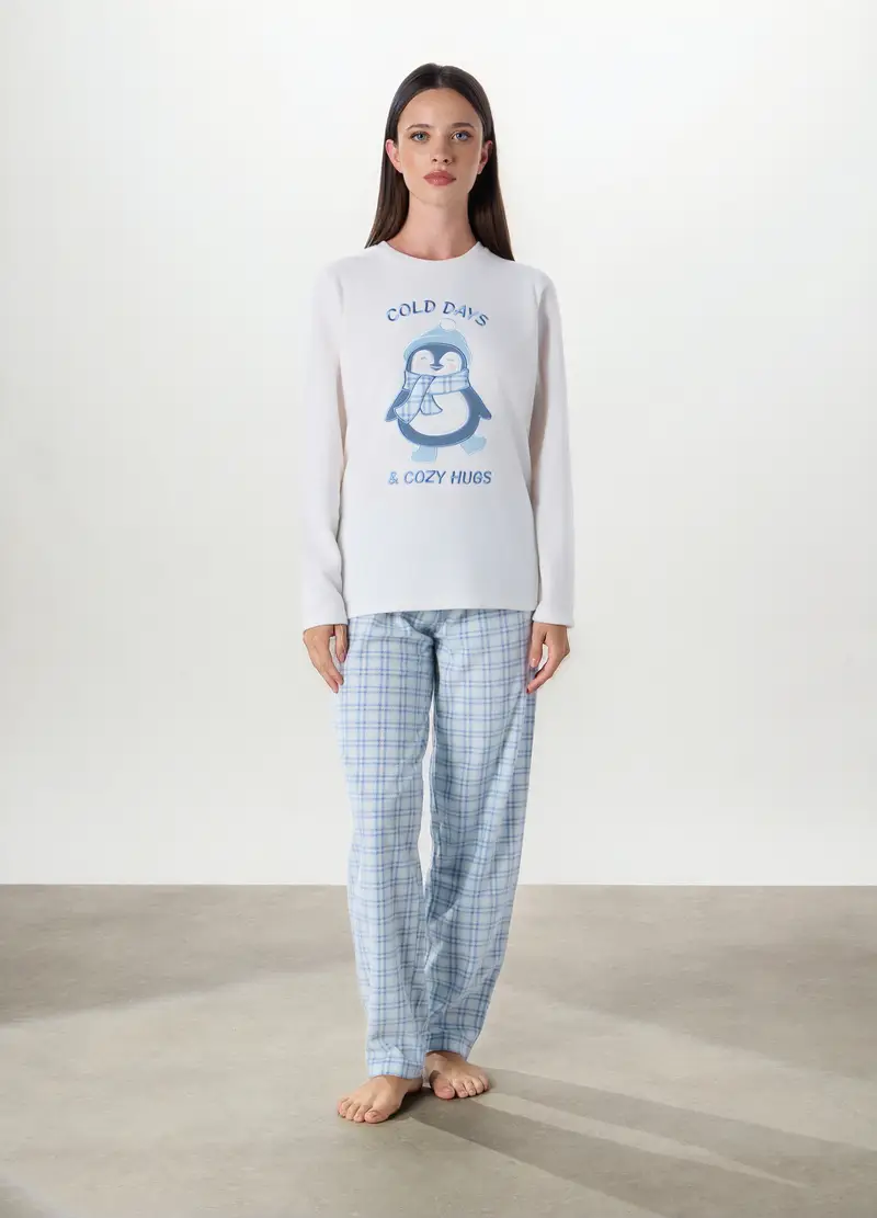 Set Pigiama In Pile Con Ricami Donna, Bianco/Azzurro