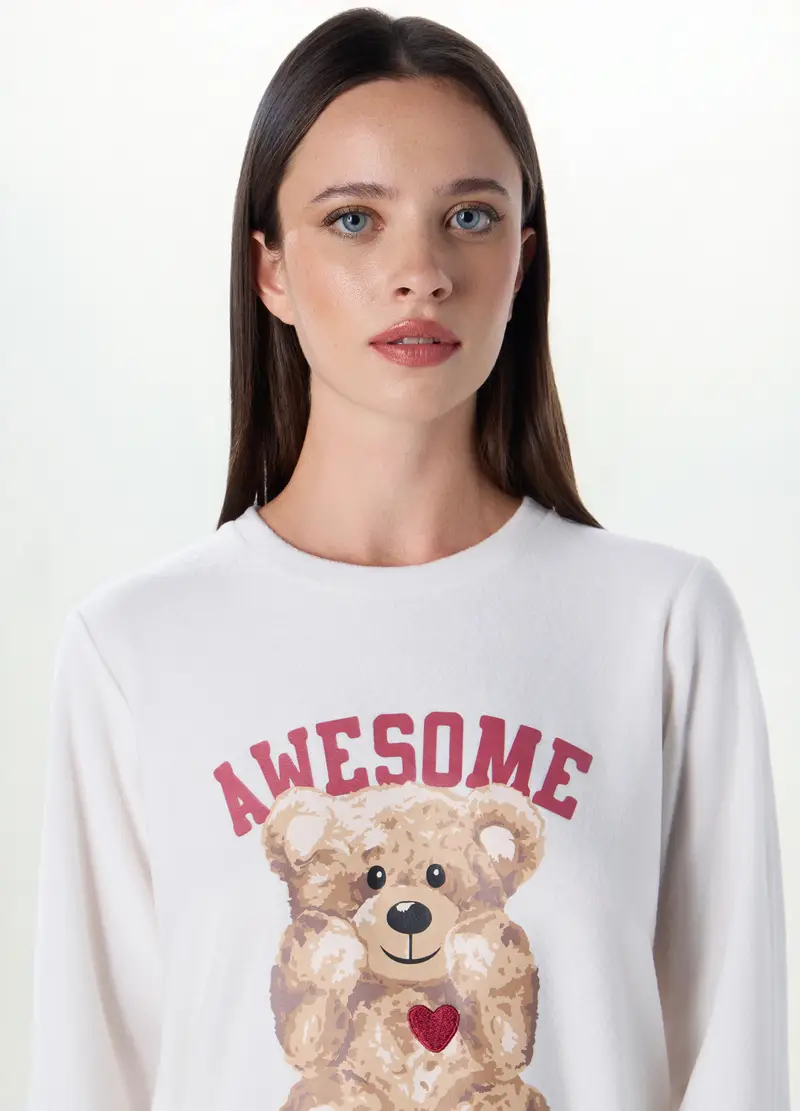 Set Pigiama In Pile Con Ricami Donna, Bianco/Marrone miniatura 3