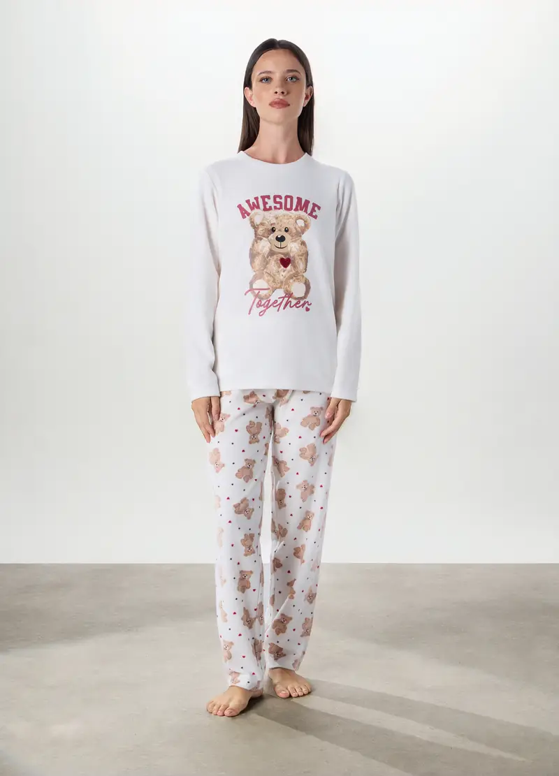 Set Pigiama In Pile Con Ricami Donna, Bianco/Marrone