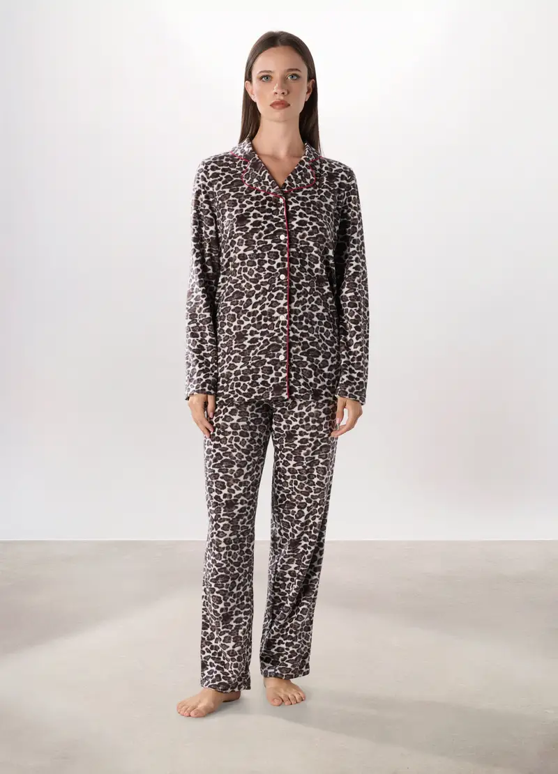 Set Pigiama In Pile Con Stampa Donna, Marrone scuro