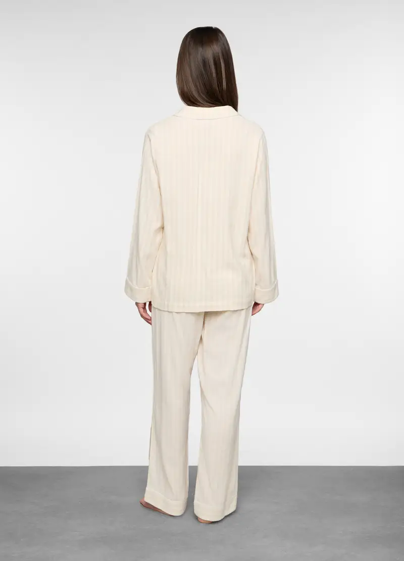 Set Pigiama Lungo A Righe In Flanella Misto Cotone Donna, Bianco panna miniatura 2