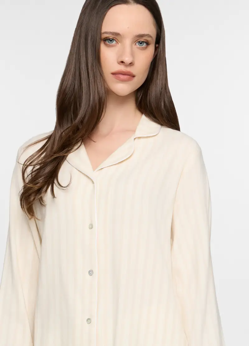 Set Pigiama Lungo A Righe In Flanella Misto Cotone Donna, Bianco panna miniatura 3