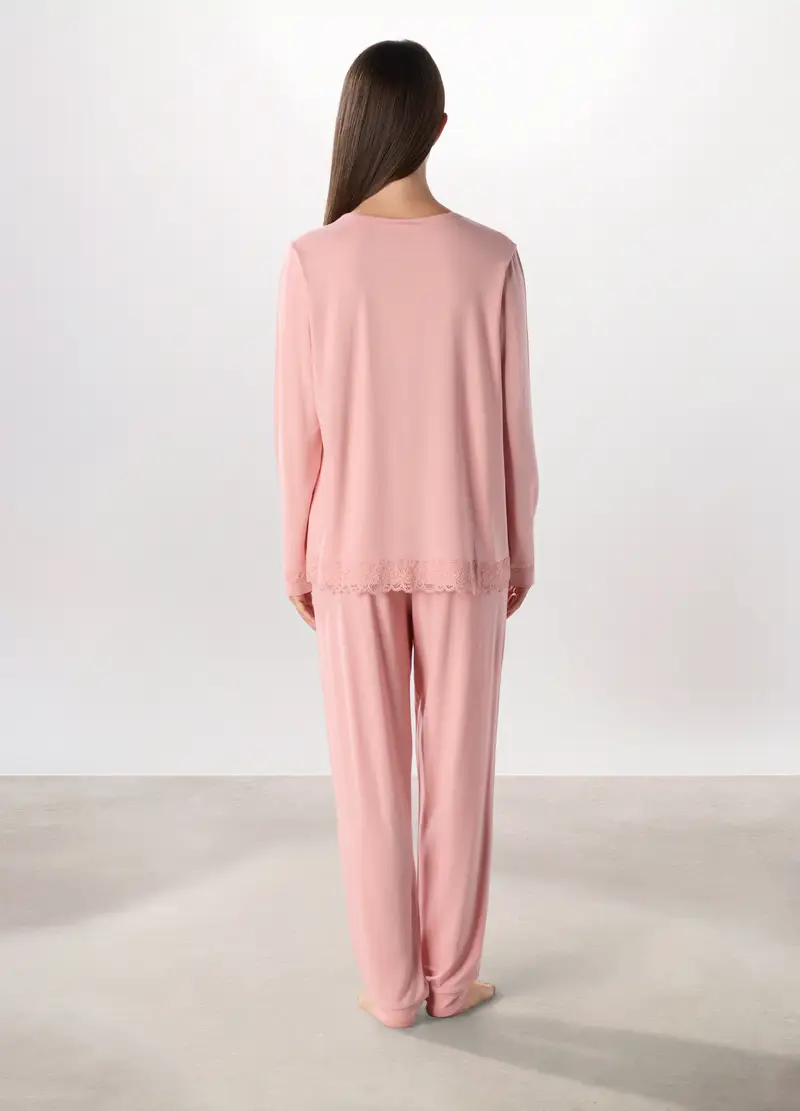 Set Pigiama Lungo Con Pizzo Donna, Rosa chiaro miniatura 2