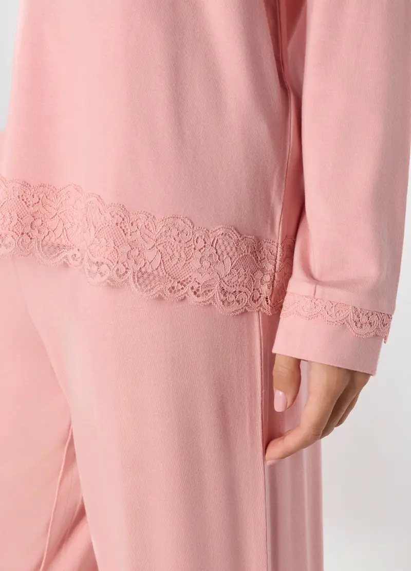 Set Pigiama Lungo Con Pizzo Donna, Rosa chiaro miniatura 3
