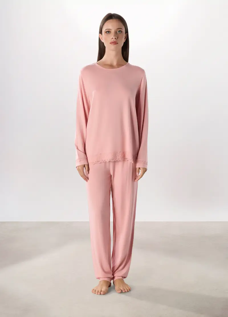Set Pigiama Lungo Con Pizzo Donna, Rosa chiaro