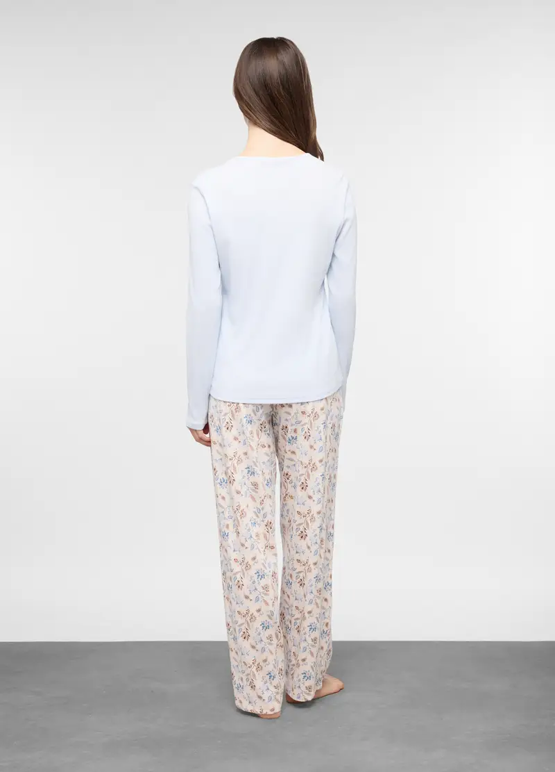 Set Pigiama Lungo In Cotone Stretch Donna, Azzurro miniatura 2