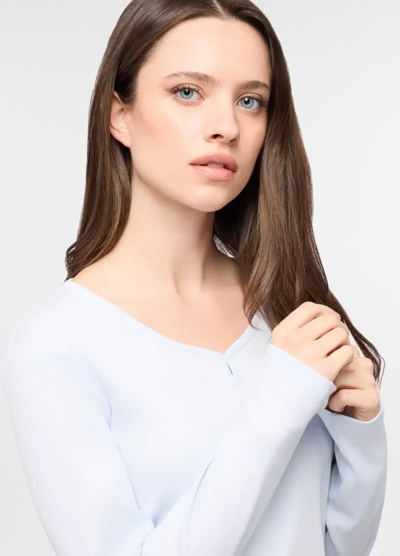 Set Pigiama Lungo In Cotone Stretch Donna, Azzurro miniatura 3